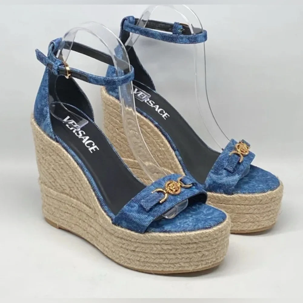 VERSACE Medusa Barocco Denim Wedge Sandals, NWT + Box & Dust Bag